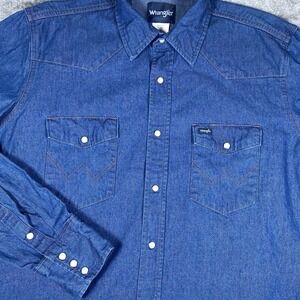 Wrangler Denim Shirt Men's Large Blue Pearl Snap Long Sleeve‎ Western MS70119